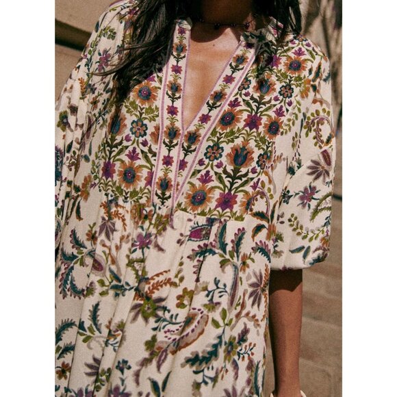 NWOT Sézane Boheme Ecru Arabesque Flower Midi Dress 100% Viscose Size 44 - Picture 2 of 16